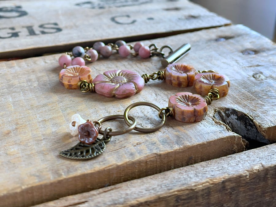 Coral Pink Bracelet. Glass Flower Bracelet. Rustic Nature Inspired Jewellery