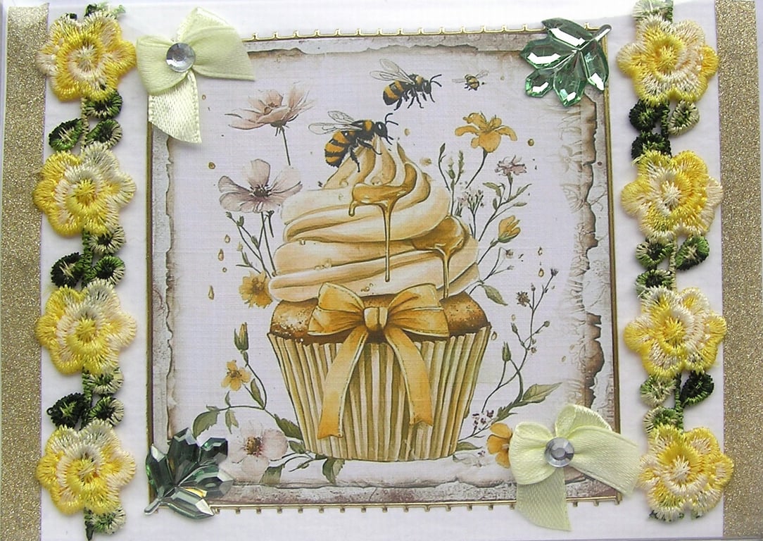 Honey Toffee Cupcake - Hand Crafted Decoupage Greeting Card - Blank 2878