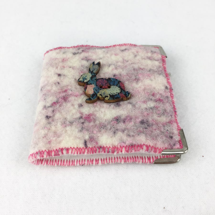 Sewing needle case in pink "tweed" with rabbit decoration