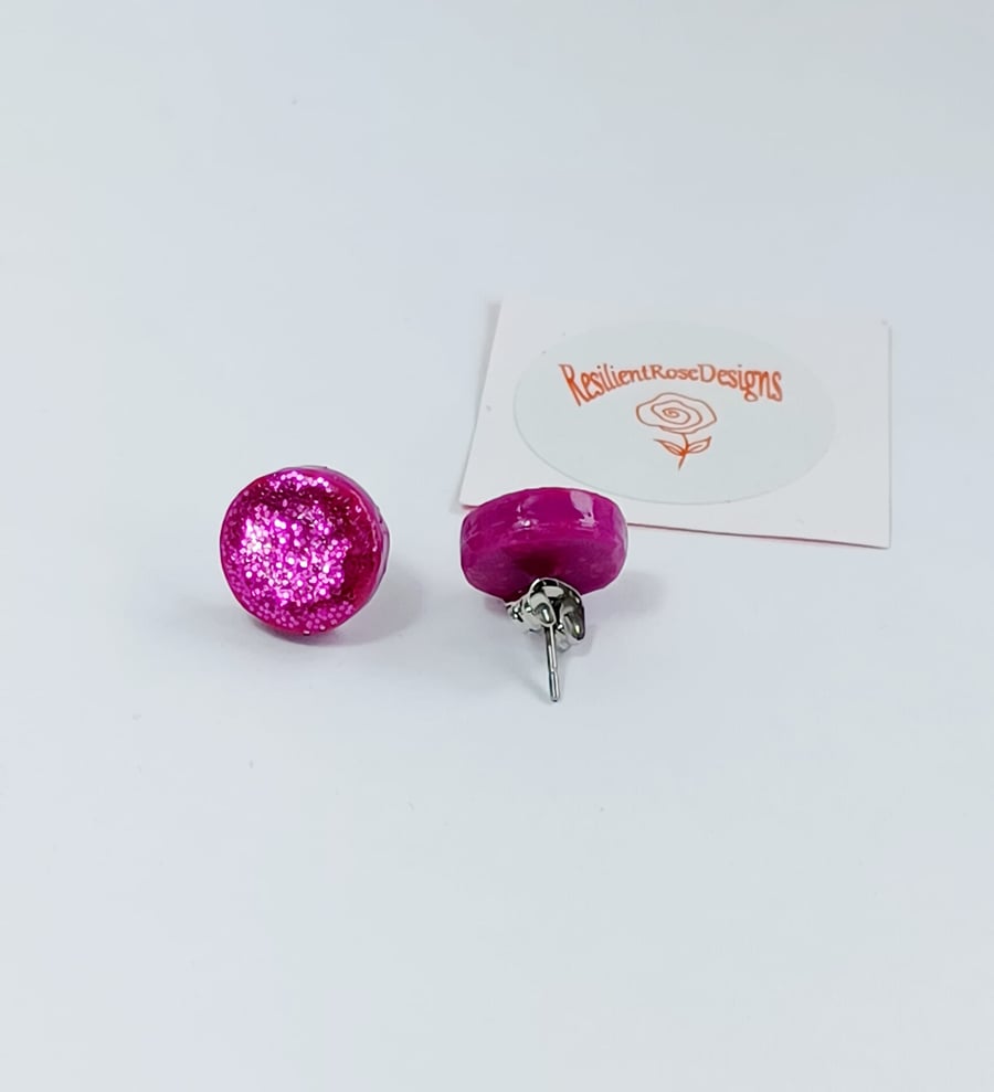 Cerise pink sparkle round stud earrings            