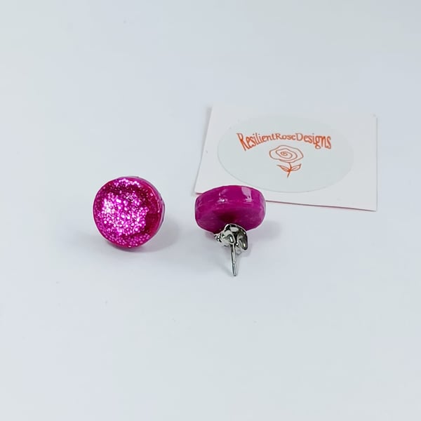 Cerise pink sparkle round stud earrings            