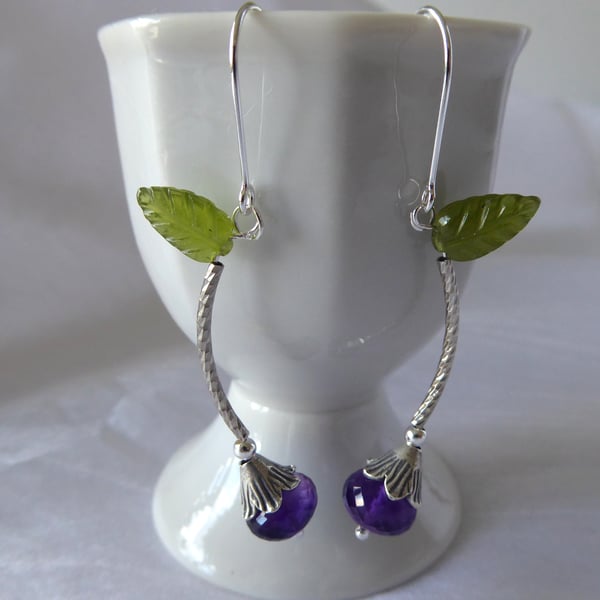 Purple Blossom Flower Bud Earrings with Vesuvianite Leaf, Sterling & Fine Silver