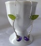 Purple Blossom Flower Bud Earrings with Vesuvianite Leaf, Sterling & Fine Silver