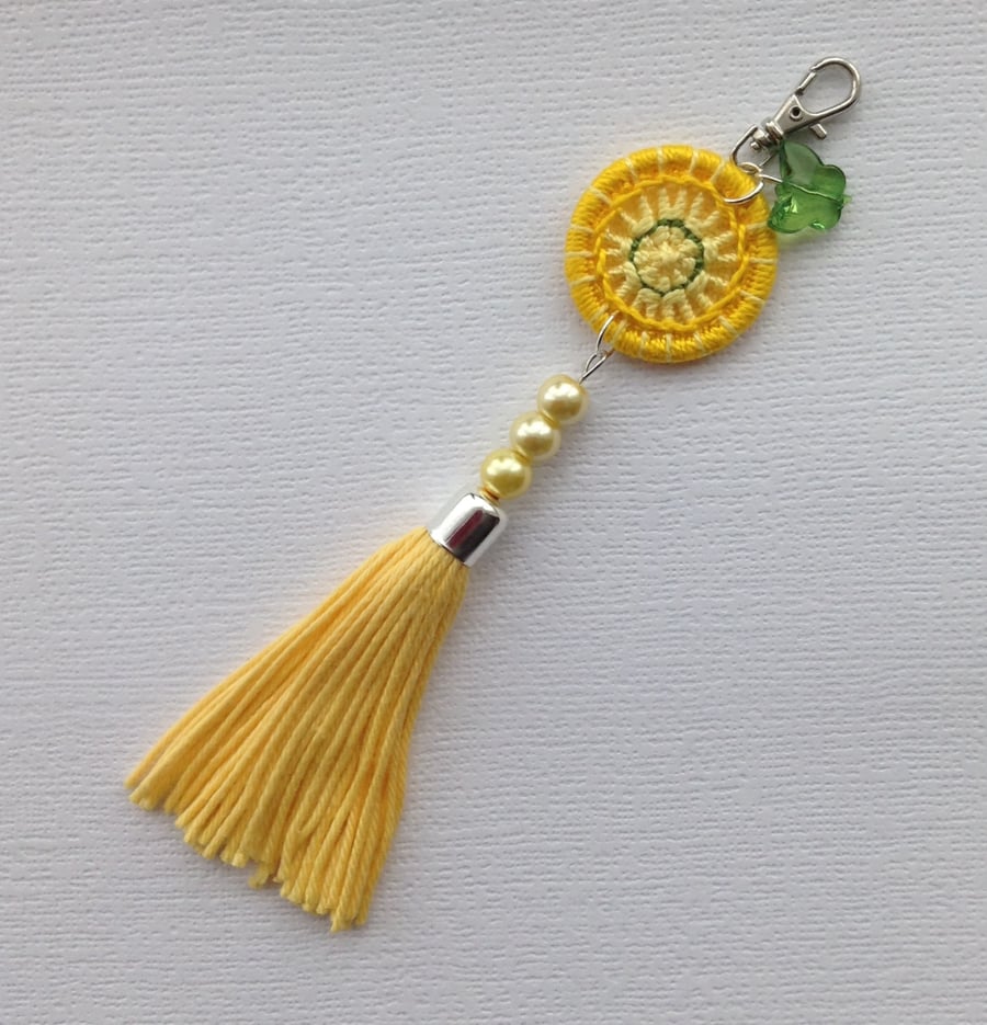 Bag Charm with Dorset Button and Tassel in Yellow