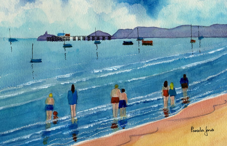 Paddling, Swansea Bay, South Wales, Original watercolour, in 16 x 12 '' Mount