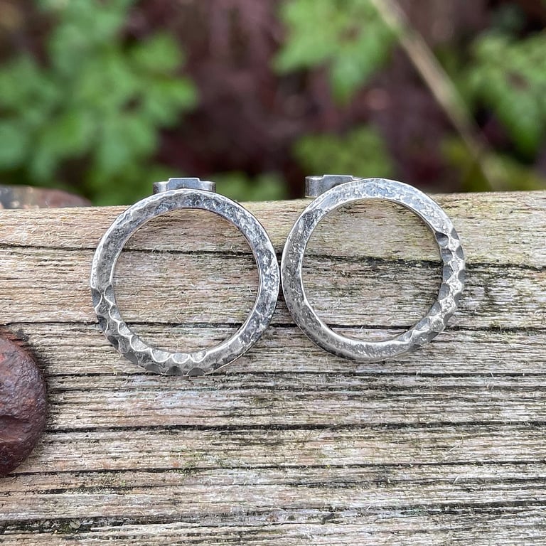 Oxidised sterling silver Carved circle stud earrings