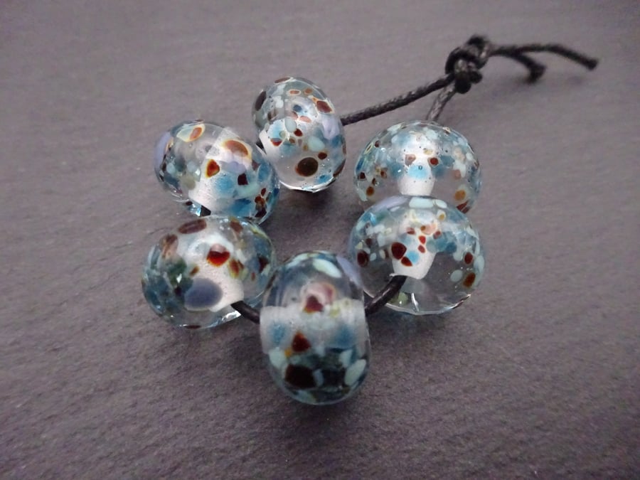 lampwork glass beads, blue brown frit set