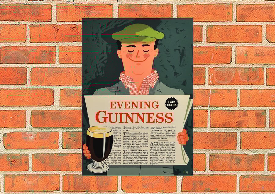 Guinness metal sign. An evening Guinness with a newspaper