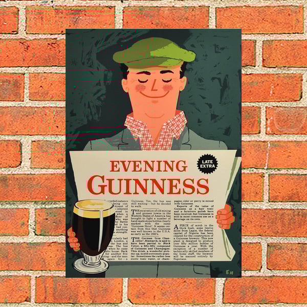 Guinness metal sign. An evening Guinness with a newspaper