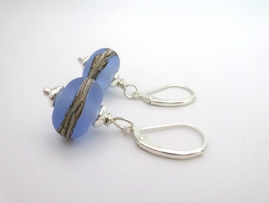 sterling silver lever back earrings, blue lampwork glass jewellery