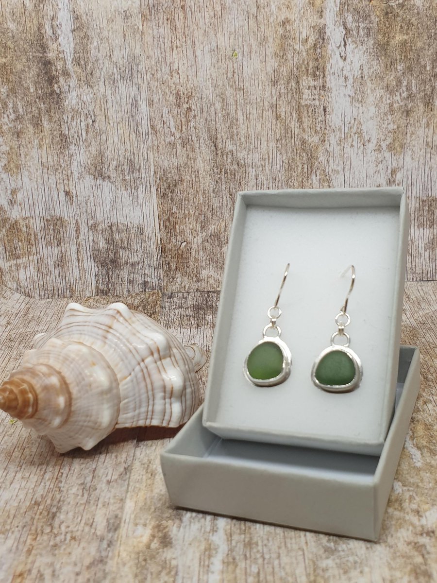 Sterling Silver 925 Dark Green Seaham Seaglass Earrings