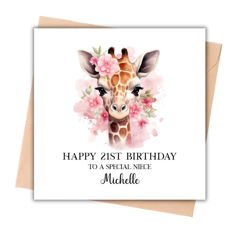 Pink Floral Giraffe Happy Birthday Card
