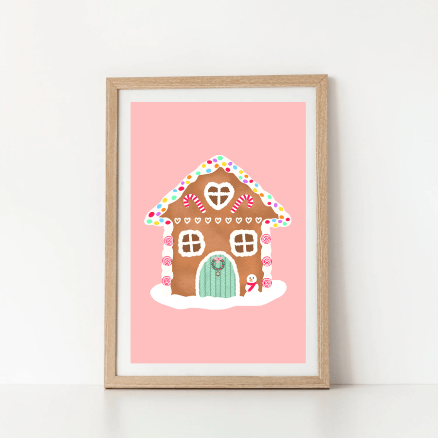 Gingerbread House Wall Art Print – Festive Pink Illustration