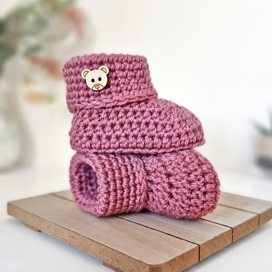 Teddy Button Crochet Baby Booties Newborn to 6 Months - New Baby Gift