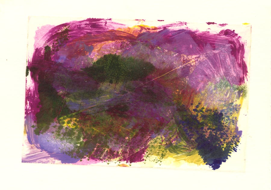 Landscape Study no. 6 Colourful monoprint in rich purples magenta green
