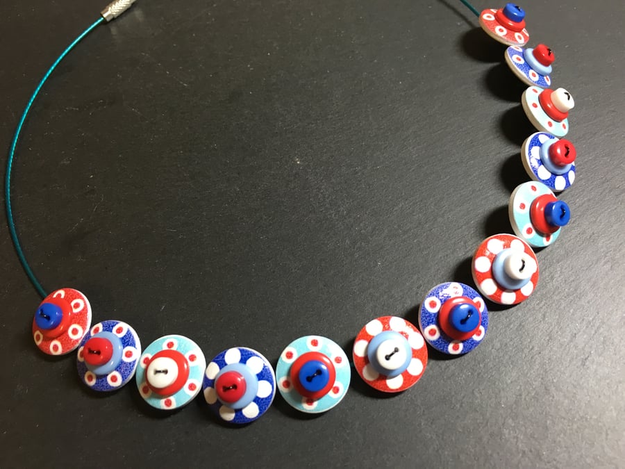 Button Necklace Spotted Wooden Choker  Nautical Jubilee  Red White Blue
