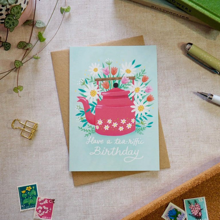 Teapot & Daisies Tea-riffic Birthday card for tea lovers