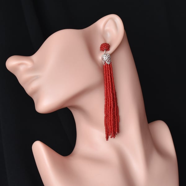 Beaded drop tassel earrings studs opaque red gl Folksy