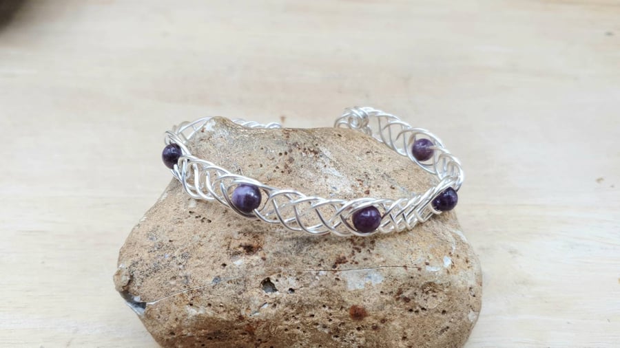 Adjustable Lepidolite cuff bracelet. Women's celtic knot jewellery