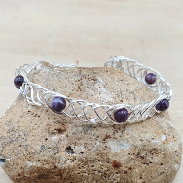 Adjustable Lepidolite cuff bracelet. Women's celtic knot jewellery