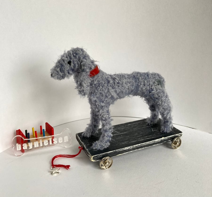 Miniature Handmade Bedlington Terrier on Wooden Pull Along Trolley with Wheels. 