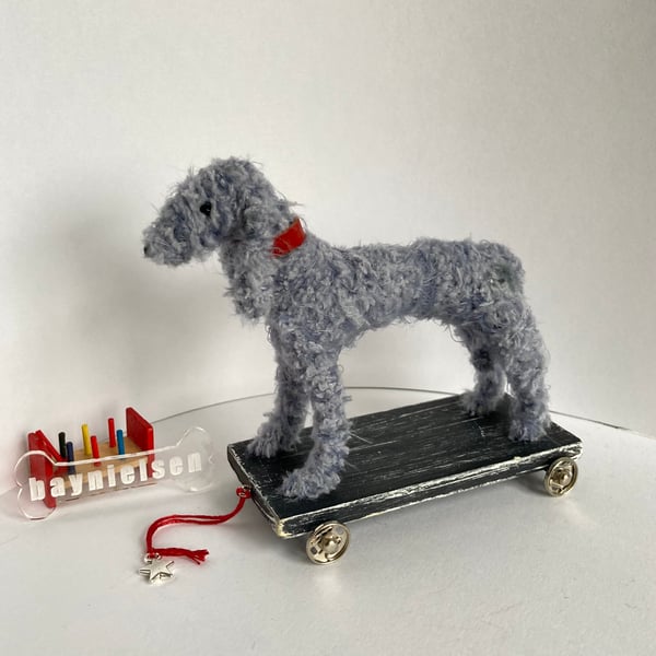 Miniature Handmade Bedlington Terrier on Wooden Pull Along Trolley with Wheels. 