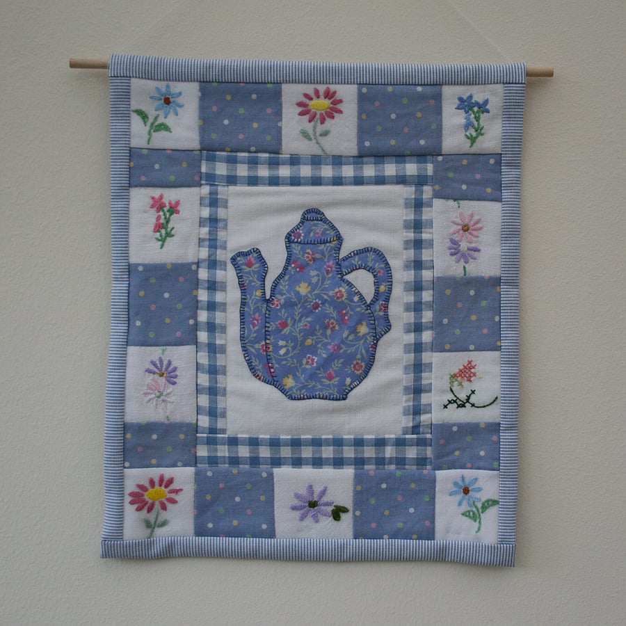 SALE Coffee Pot hanging from vintage fabrics and embroidered linens