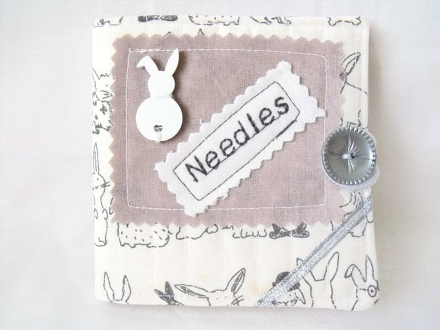 grey sewing needle case book, grey and white rabbit fabric