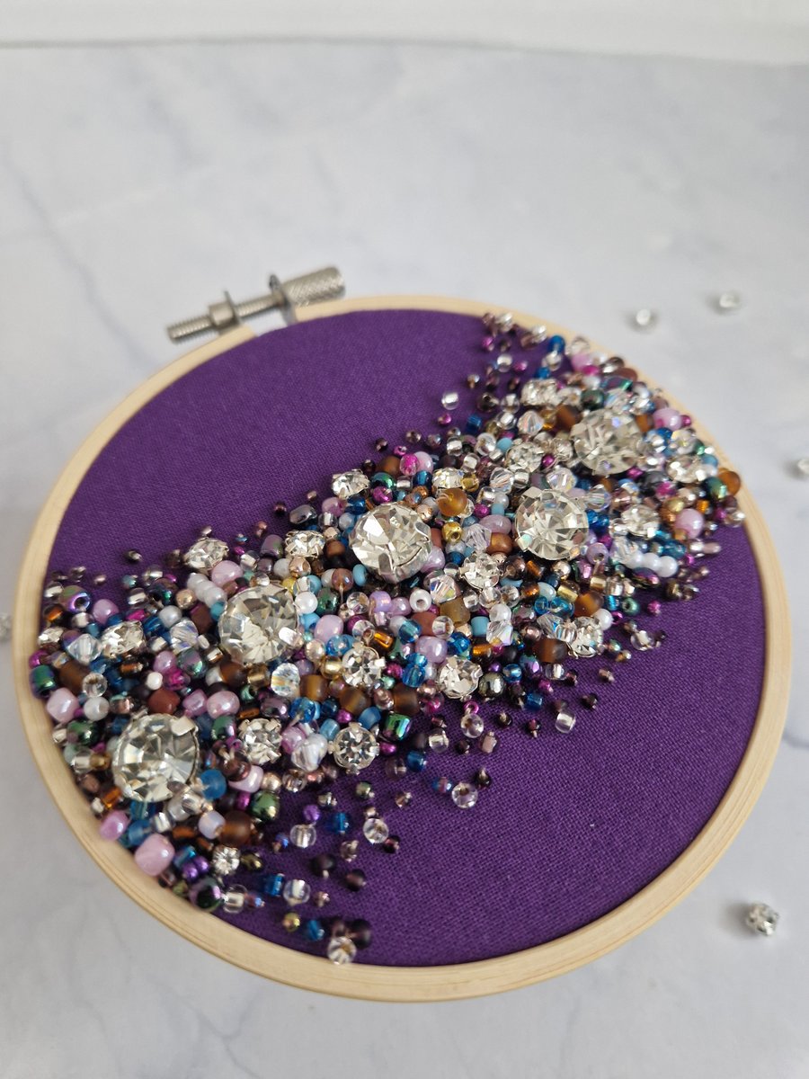 4 inch handmade beaded embroidery hoop with crystals - purple