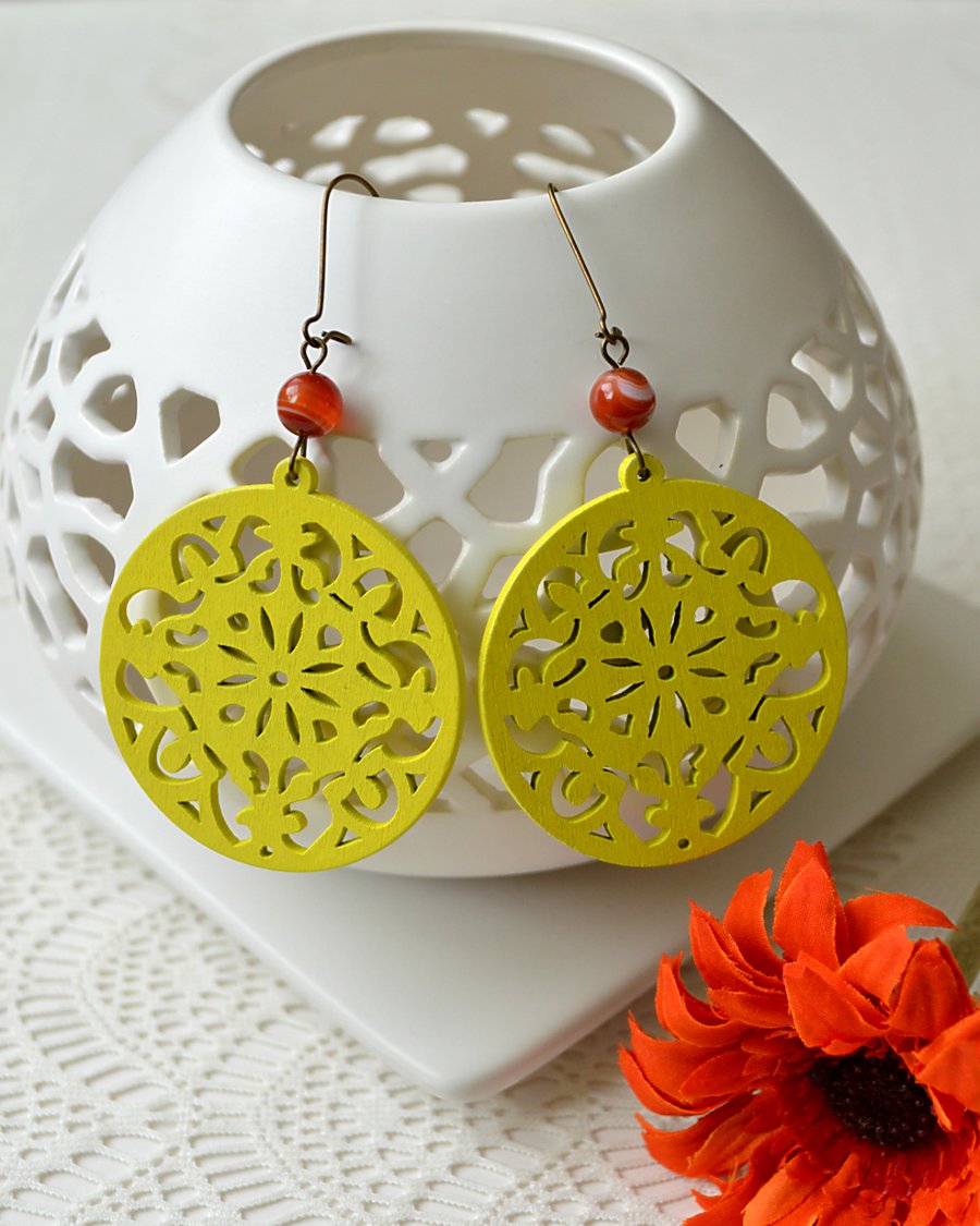 Long Earrings with Yellow Filigree Wooden Shapes