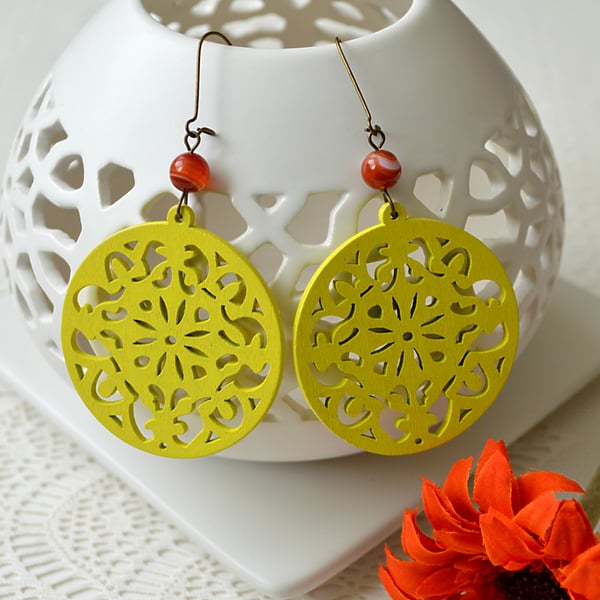 Long Earrings with Yellow Filigree Wooden Shapes