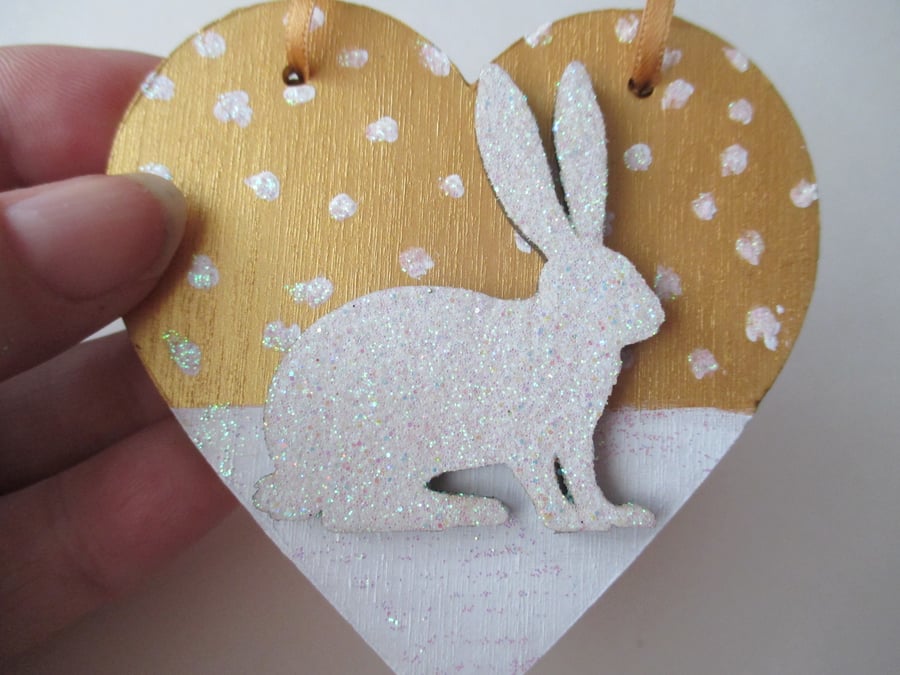 Christmas Decoration Bunny Rabbit Hanging Heart Snow Bunny Gold White
