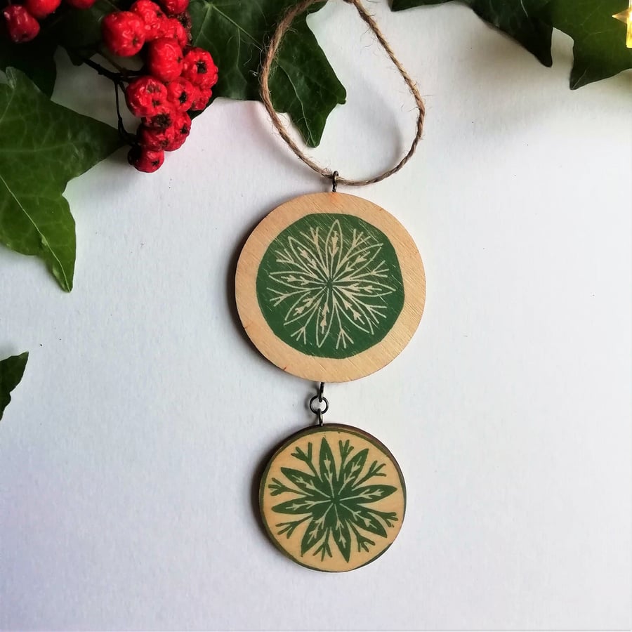 Handprinted Wooden Tree decoration in Green