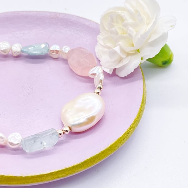Keshi Pearl with Rose Quartz And Aquamarine Sterling Silver Necklace 