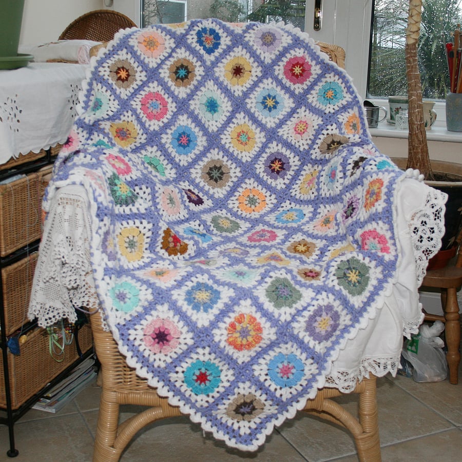 Crocheted Blanket Throw - Lilac,white and multi