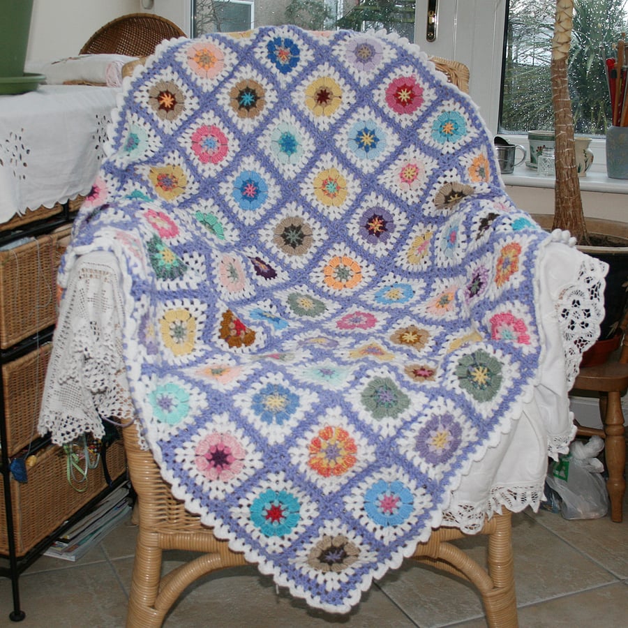 Crocheted Blanket Throw - Lilac,white and multi
