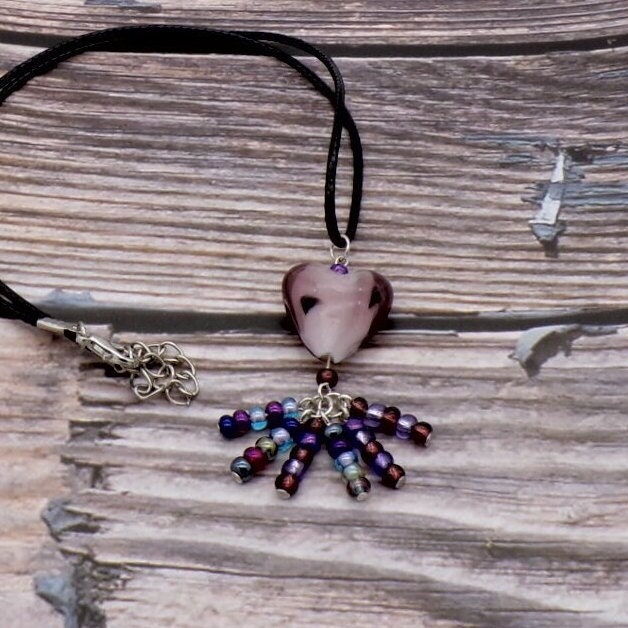 Purple Glass Heart Pendant Beaded Cord Necklace, Adjustable 17 Inch