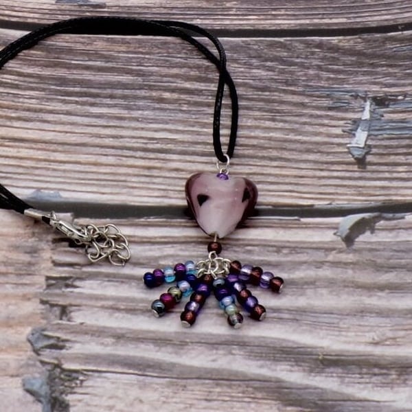 Purple Glass Heart Pendant Beaded Cord Necklace, Adjustable 17 Inch