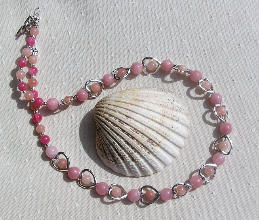 Pink Chalcedony & Pink Jade Crystal Gemstone Beaded Heart Necklace