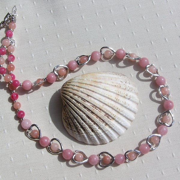 Pink Chalcedony & Pink Jade Crystal Gemstone Beaded Heart Necklace