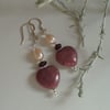 Rare Heart Cut Ryodonite, Pearls & Red Garnet Sterling Silver Earrings