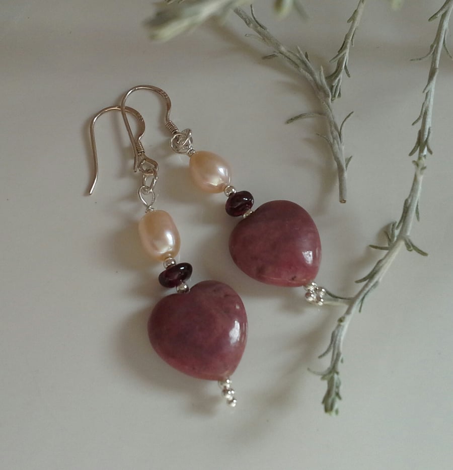 Rare Heart Cut Ryodonite, Pearls & Red Garnet Sterling Silver Earrings