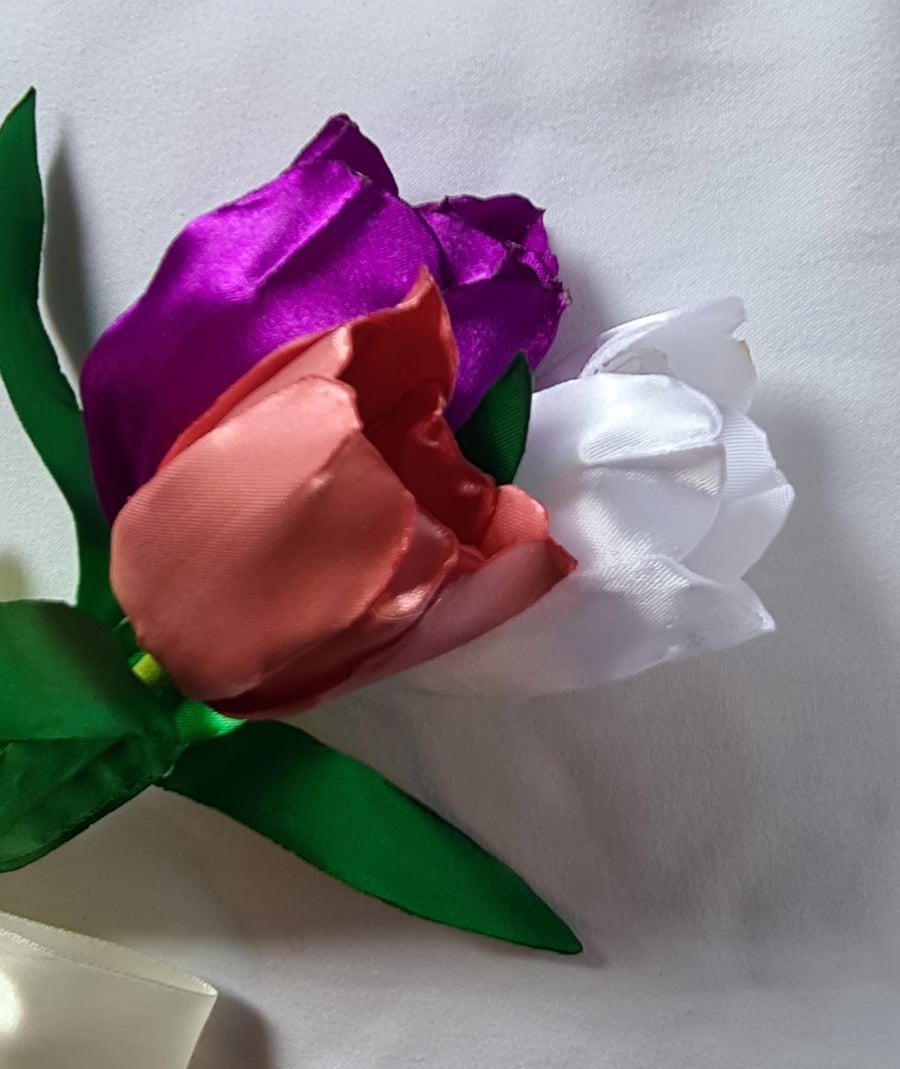 Beautiful Trio of Ribbon Tulips - White, Pink & Pinky-Purple. Faux Flower Gift.