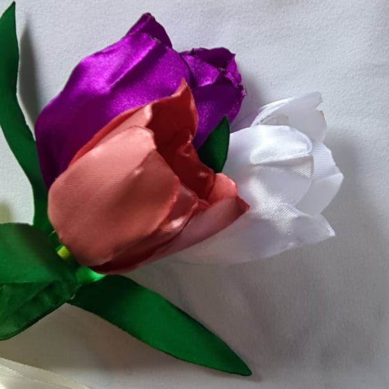 Beautiful Trio of Ribbon Tulips - White, Pink & Pinky-Purple. Faux Flower Gift.