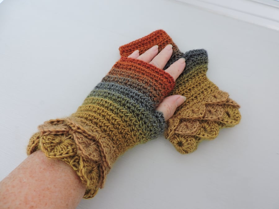 Fingerless Mitts with Dragon Scale Cuffs Autumn Mustard Orange  Sea Green