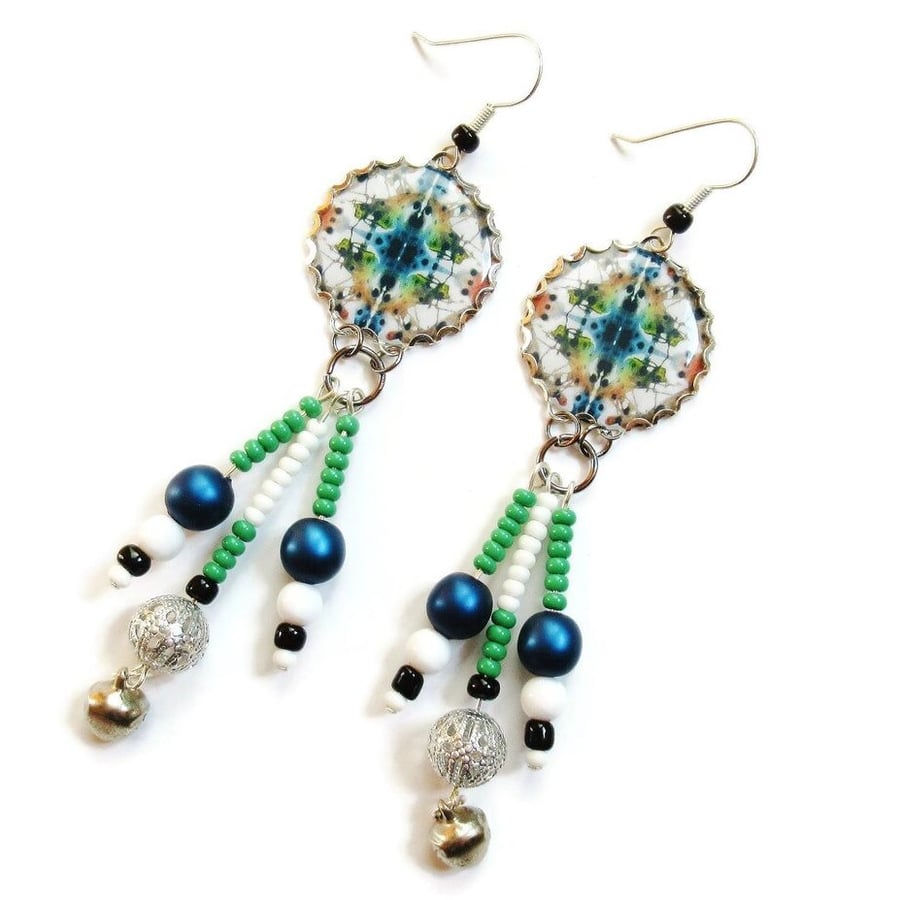 Geometric Beaded Earrings Blue White Green Artsy Abstract Op Art Boho Danglies