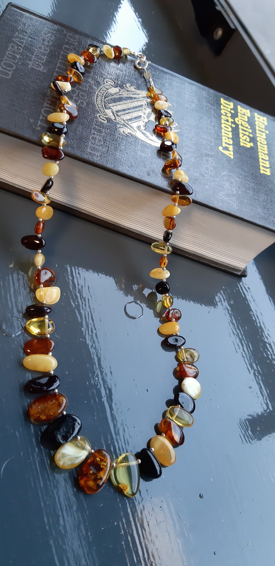 Multi-coloured Baltic Amber Chip and Sterling Silver Necklace