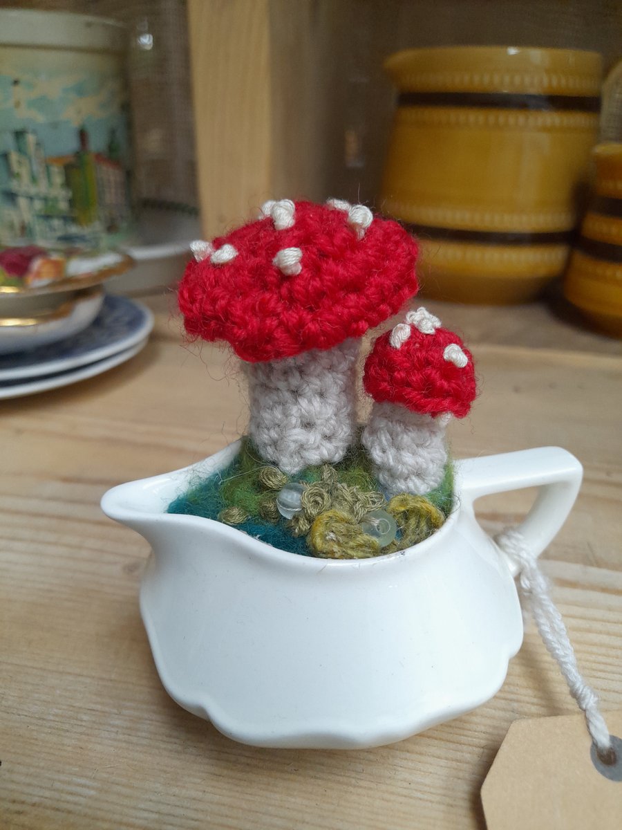Vintage china jug with Crochet Fly Agaric Toadstool