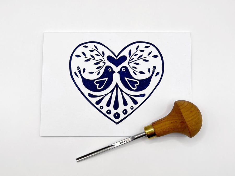 Blue Love Birds Card, Original Lino Print 