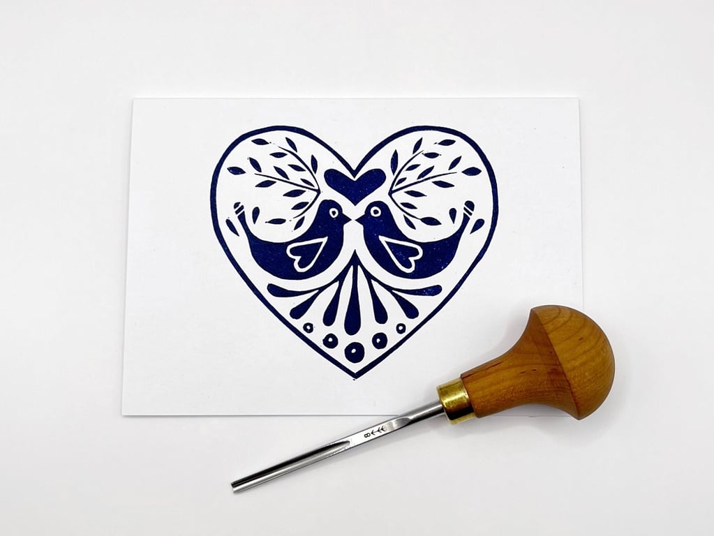Blue Love Birds Card, Original Lino Print 